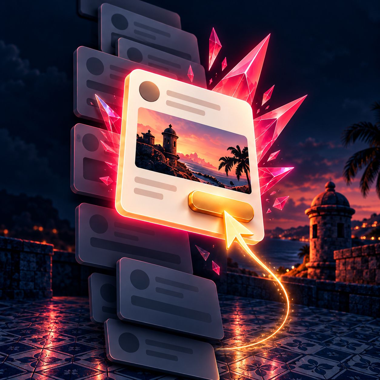 A single ad tile lifting out of a dim social feed, lit pink, with a gold cursor path curving up to its button