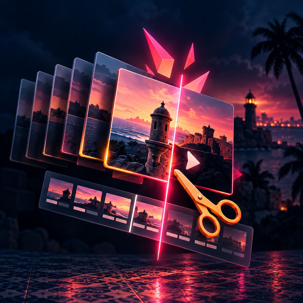 A fan of sunset video frames, the front one cut by a glowing pink line, with gold scissors over a film strip below