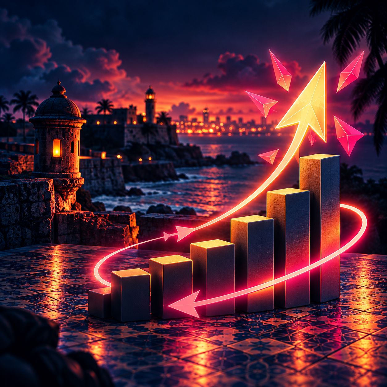 Rising bar chart blocks circled by a glowing pink loop, with a gold arrow breaking upward and the San Juan skyline behind