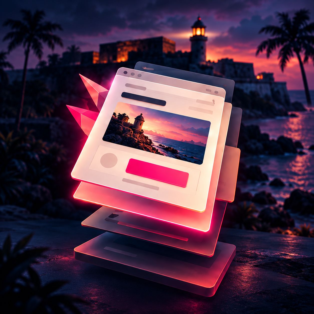 A stack of landing pages with the top one glowing, a pink button beneath a San Juan sunset, El Morro and its lighthouse behind