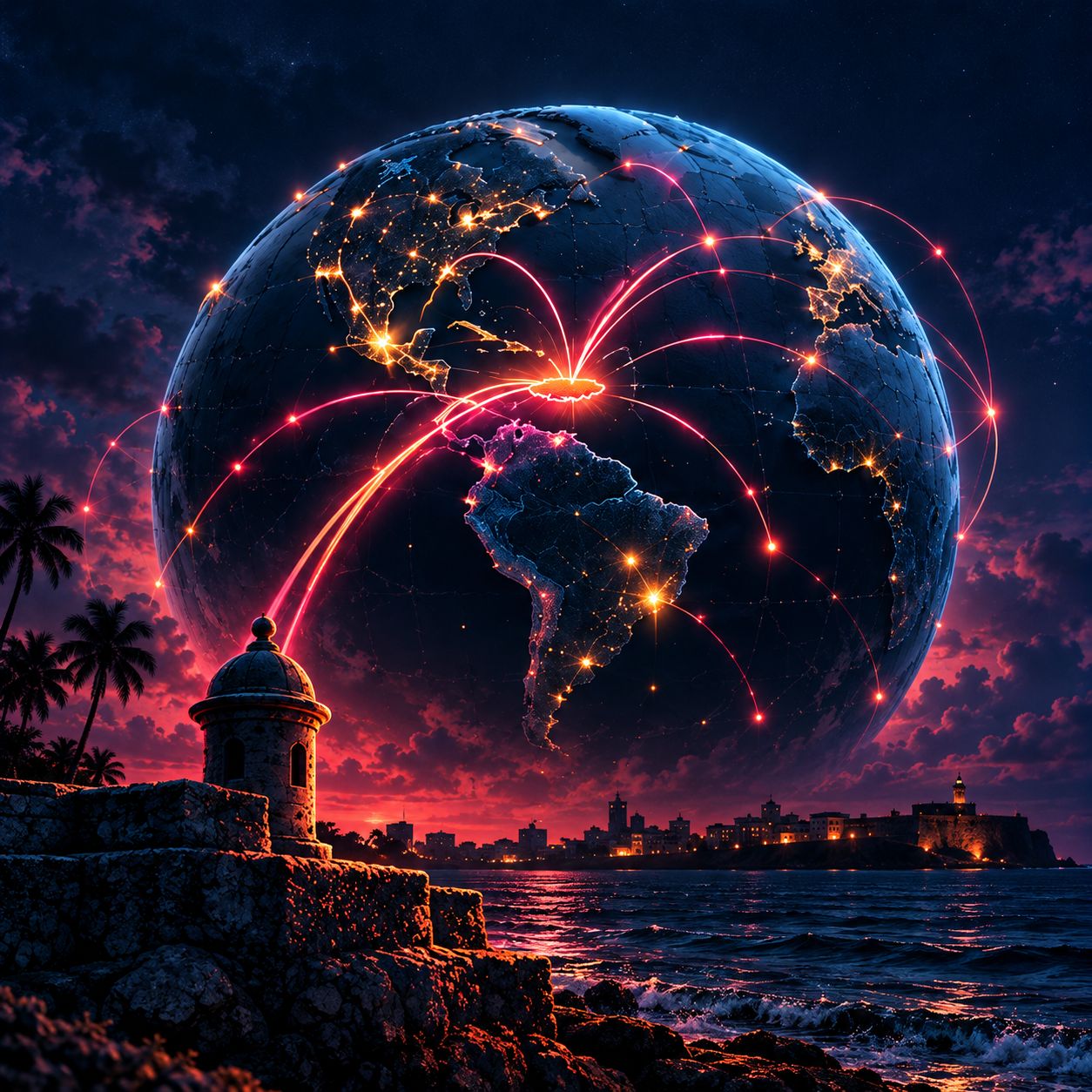 A glowing globe above the San Juan sea wall, with pink lines fanning out from Puerto Rico to lit cities across the Americas and Europe